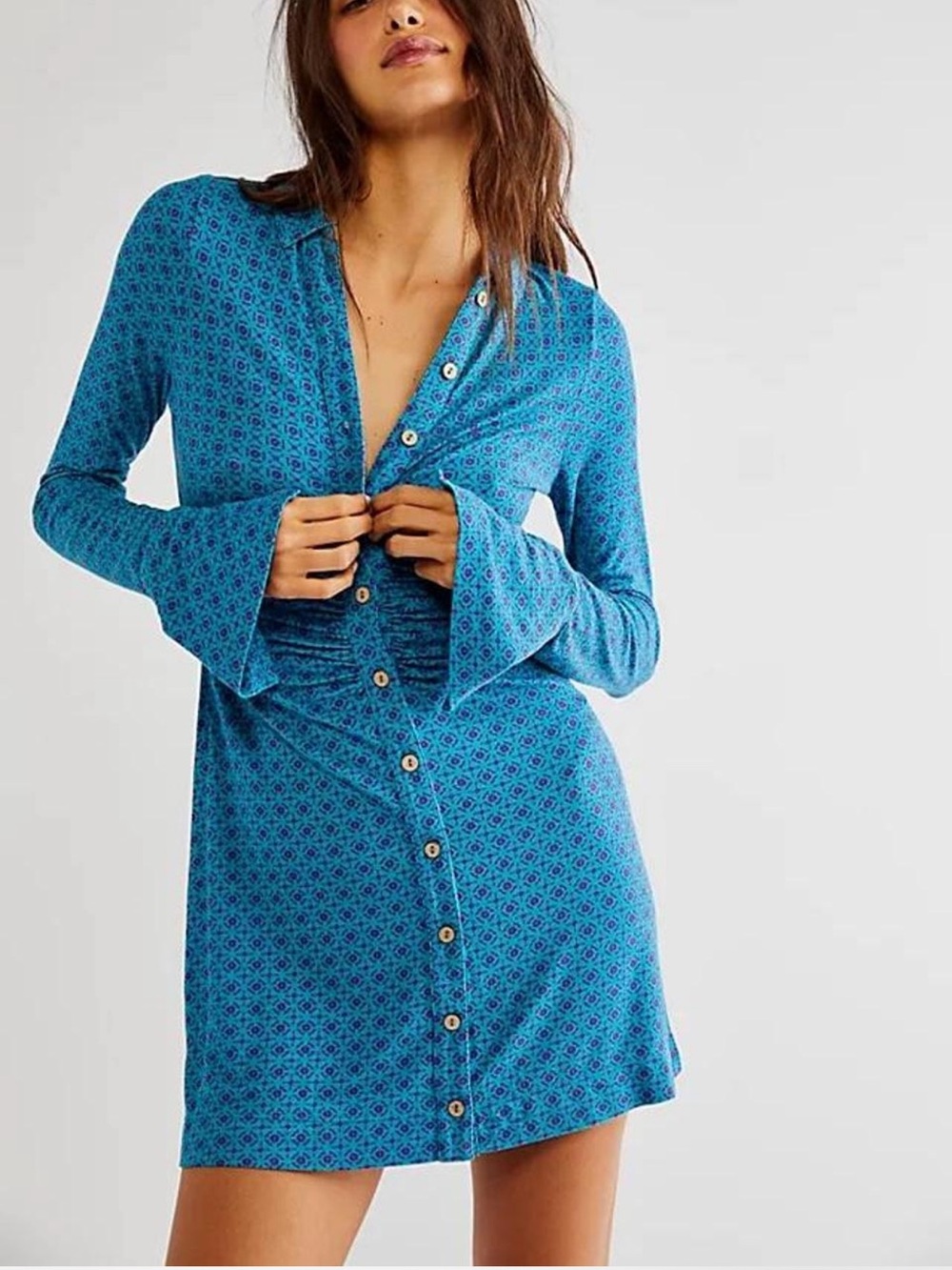 Free People Teal and Purple Patterned Mixed-Print Top